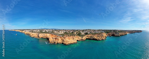 Aerial panorama from Algar Seco caves near Carvoeiro in the Algarve Portugal