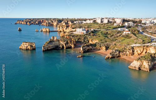 Aerial from natural rocks near Lagos in the Algarve Portugal
