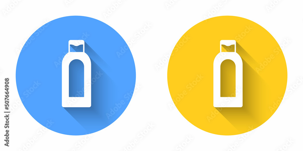 White Bottle of shampoo icon isolated with long shadow background. Circle button. Vector White Bottle of shampoo icon isolated with long shadow background. Circle button. Vector