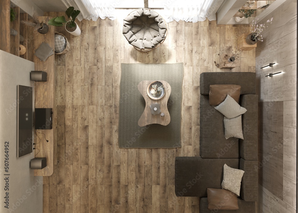 Top view of modern living room with sofa, armchair and wooden table. 3D