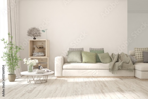 White living room with sofa. Scandinavian interior design. 3D illustration
