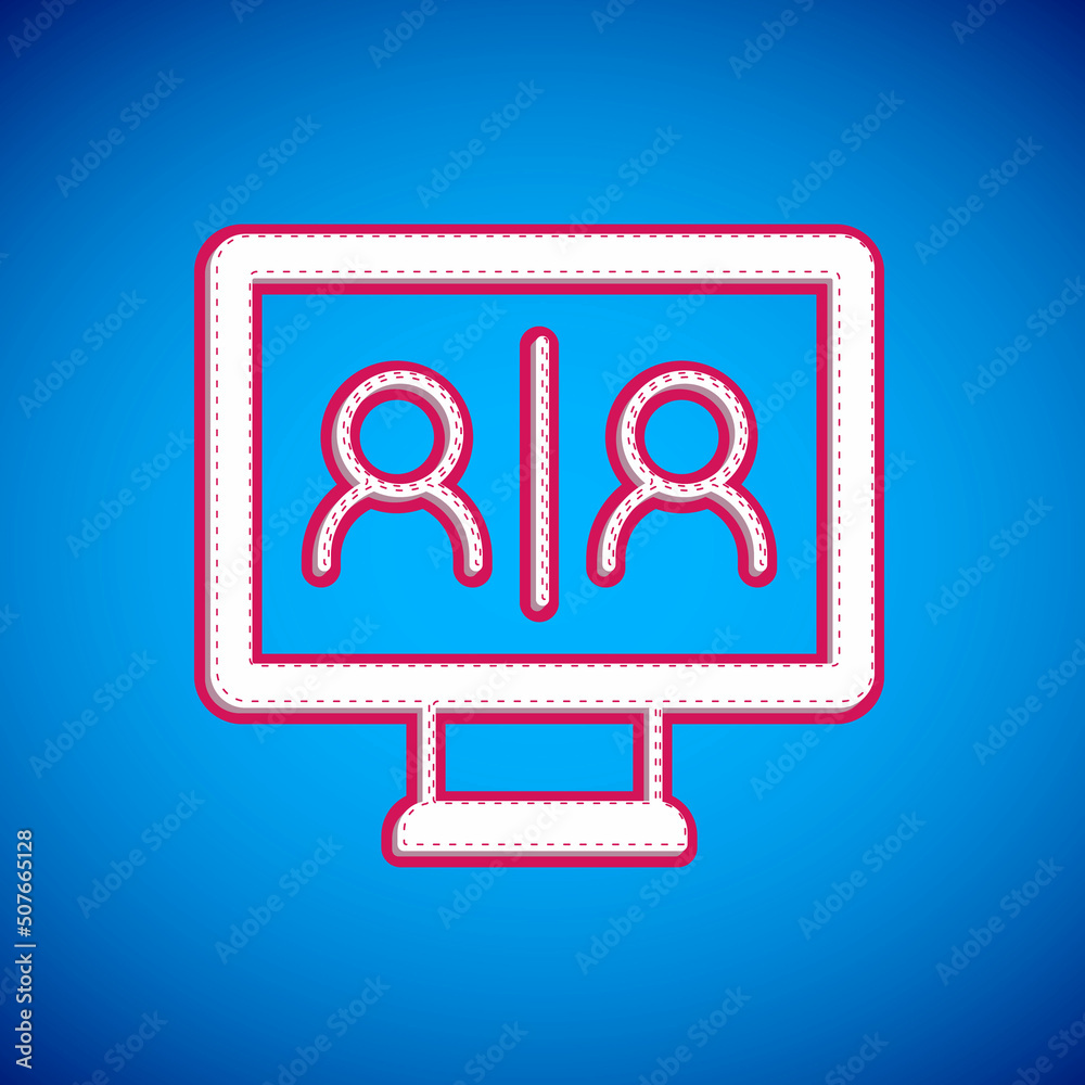 White Video chat conference icon isolated on blue background. Online meeting work form home. Remote project management. Vector White Video chat conference icon isolated on blue background. Online meeting work form home. Remote project management. Vector