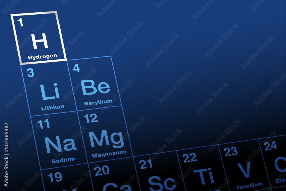 Hydrogen on periodic table of elements. Nonmetallic and the lightest chemical element, with