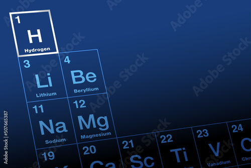 Hydrogen on periodic table of elements. Nonmetallic and the lightest chemical element, with symbol H from Latin hydrogenium, and with atomic number 1. Most abundant chemical substance in the universe.