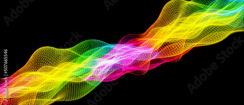 Heat wave, energize, energy transfer concept. Complex three dimensional waveform. colorful wire frame mesh on black background. Data visualization. 3D illustration, 3D rendering