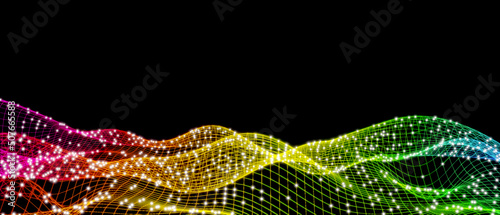 Heat wave, energize, energy transfer concept. Complex three dimensional waveform. colorful wire frame mesh on black background. Data visualization. 3D illustration, 3D rendering