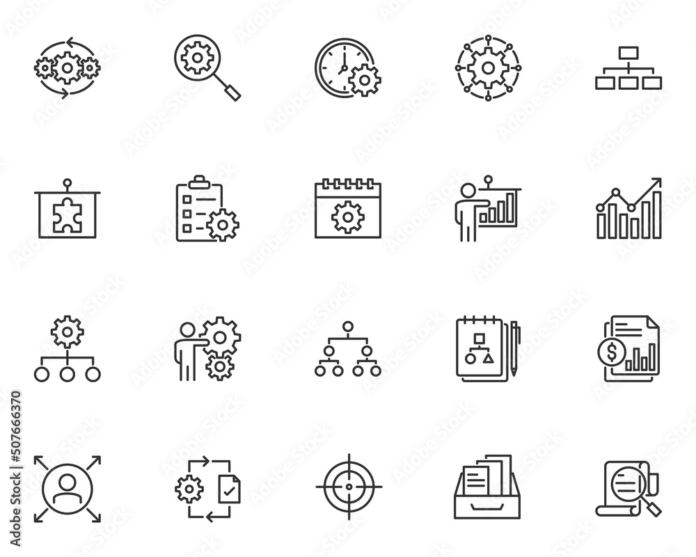 set of management line icons, organization, project, business