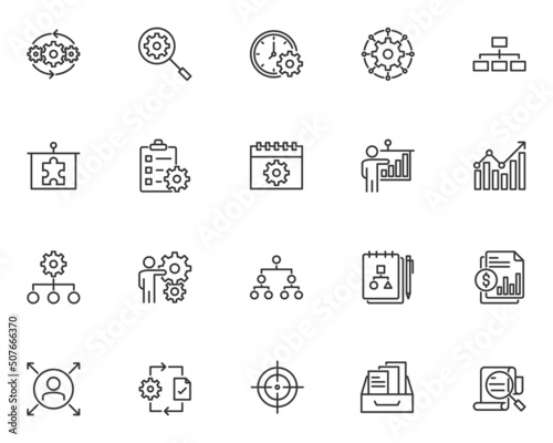 set of management line icons, organization, project, business