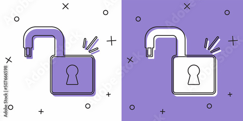 Set Open padlock icon isolated on white and purple background. Opened lock sign. Cyber security concept. Digital data protection. Vector