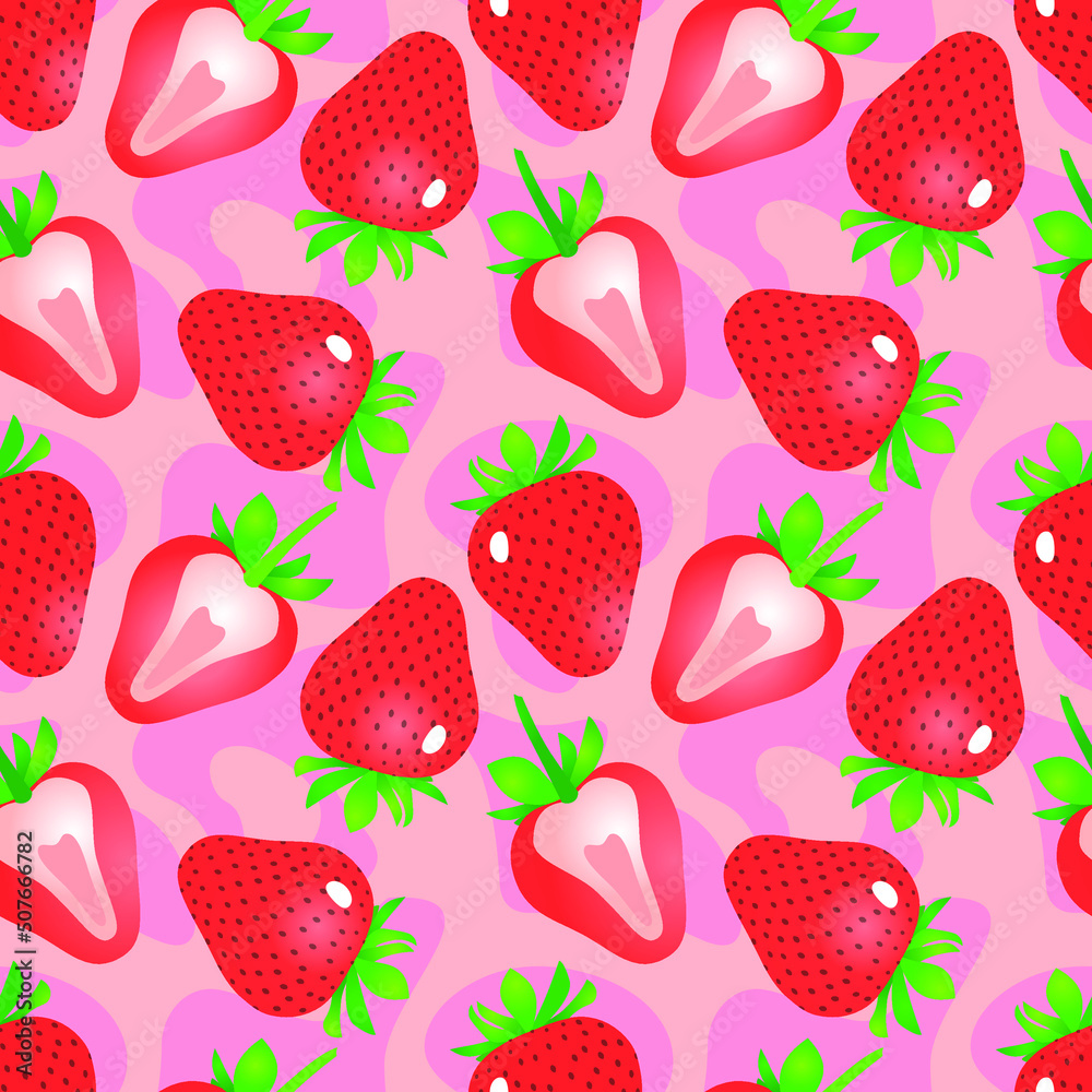 Bright red strawberry with green leaves on a light pink background. Seamless pattern, print, vector illustration Bright red strawberry with green leaves on a light pink background. Seamless pattern, print, vector illustration