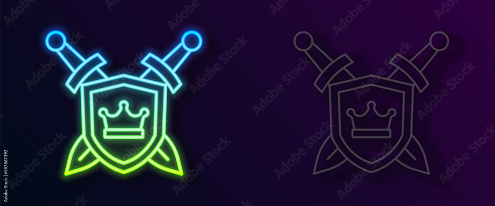 Glowing neon line Medieval shield with crossed swords icon isolated on black background. Vector Glowing neon line Medieval shield with crossed swords icon isolated on black background. Vector