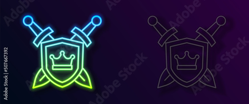 Glowing neon line Medieval shield with crossed swords icon isolated on black background. Vector