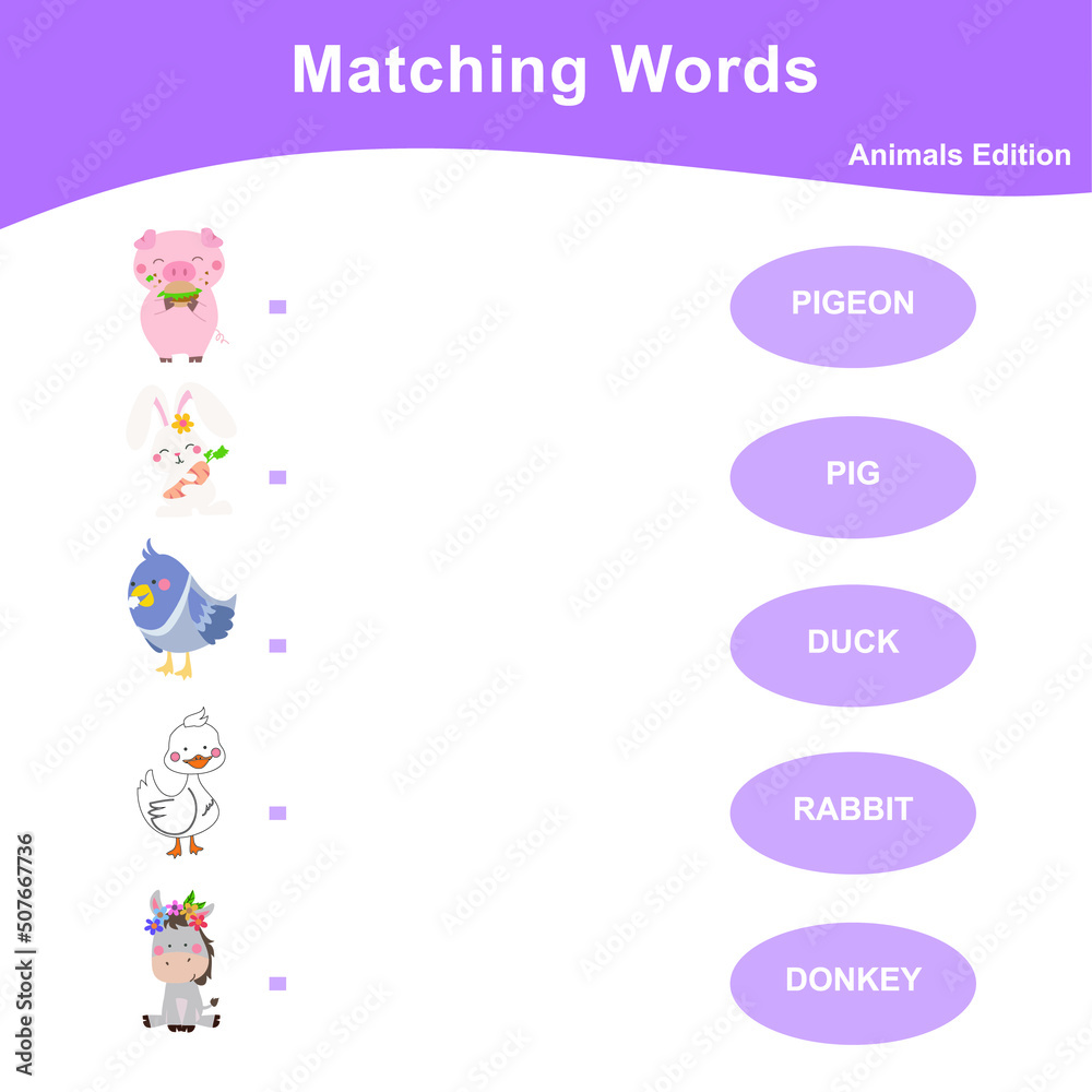 Matching words worksheet. Farm animal theme worksheet. Matching words with images using funny farm animals for kids. Vector illustration.