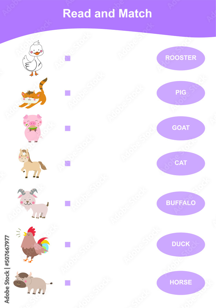 Read and Match worksheet. Matching words with images using funny farm animals for kids. Vector illustration.