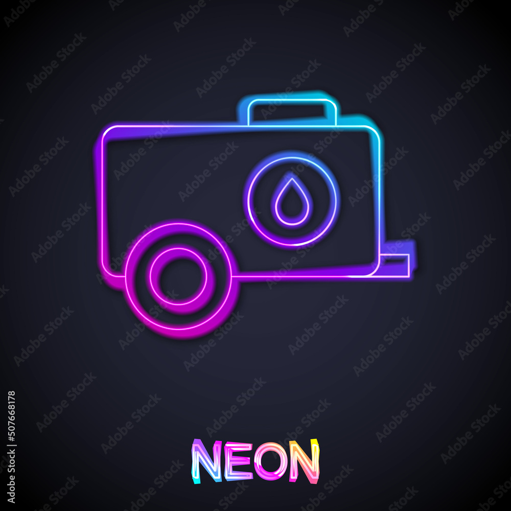Glowing neon line Mobile water tank - bowser icon isolated on black background. Water tank delivering water. Vector Glowing neon line Mobile water tank - bowser icon isolated on black background. Water tank delivering water. Vector