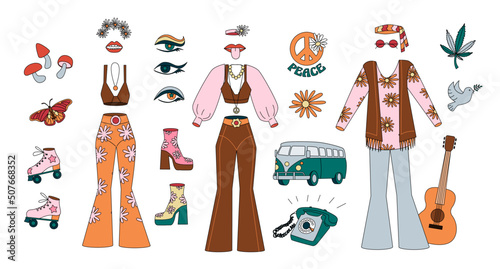 Vintage fashion elements. Hippie style and flower power. Vector illustration of retro shoes, roller and bell-bottoms.