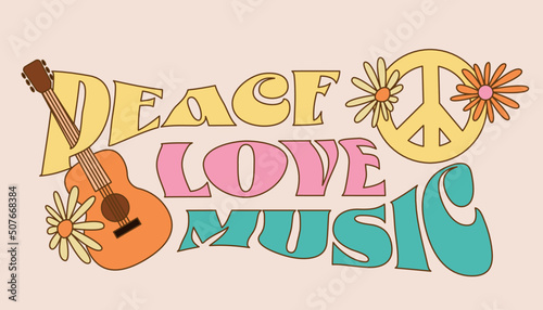 Love peace music lettering. Retro vintage hippie inscription.
