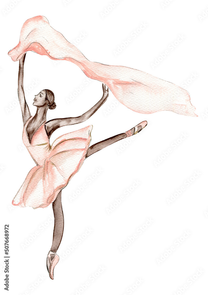 Obraz premium Watercolor dancing ballerina with dark skin, and drawn brown bindweed branches,pink-brown dragonfly