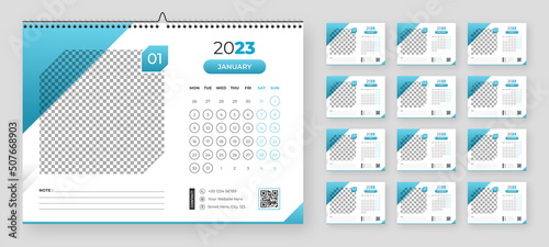 Desktop Monthly Photo Calendar 2023. Simple monthly horizontal photo calendar Layout for 2023 year in English. Cover Calendar and 12 months templates. Week starts from Monday. Vector illustration photo
