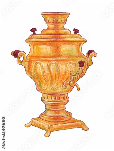 The golden samovar. Watercolor illustration. Vector on an isolated background.