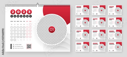 Desktop Monthly Photo Calendar 2023. Simple monthly horizontal photo calendar Layout for 2023 year in English. Cover Calendar and 12 months templates. Week starts from Monday. Vector illustration