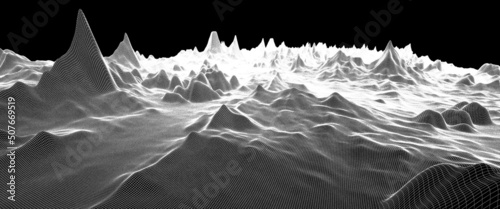 polygonal terrain, wireframe landscape, connection grid, futuristic 3d mountains, fine lines in motion, computer generated 3d tissue, network abstract illustrated, silky waves
