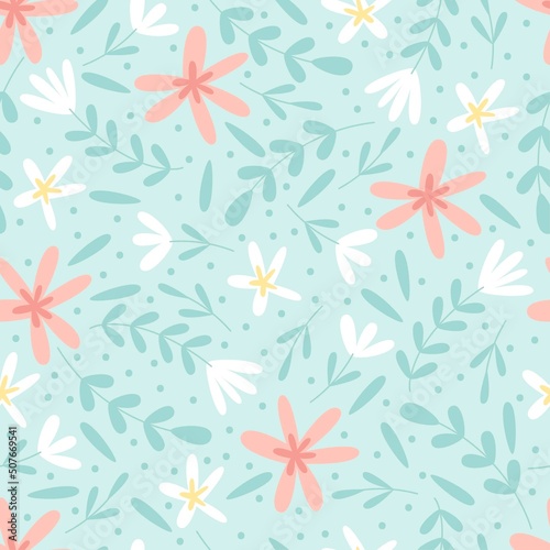 Vector seamless pattern with abstract colorful flowers and leaves on blue background