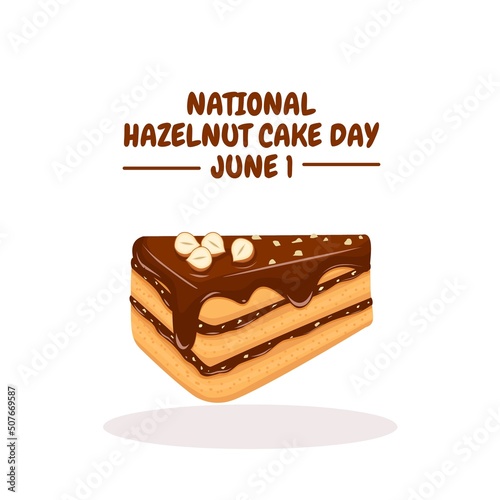 Vector illustration, floating cake slice with chocolate layer and hazelnut topping, isolated on white background, template design for advertisement and national hazelnut cake day banner.