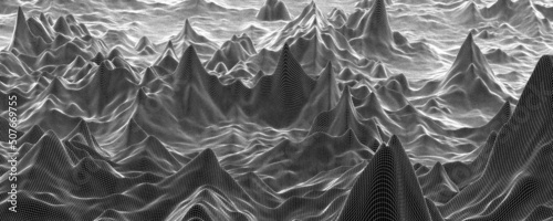 polygonal terrain, wireframe landscape, connection grid, futuristic 3d mountains, fine lines in motion, computer generated 3d tissue, network abstract illustrated, silky waves