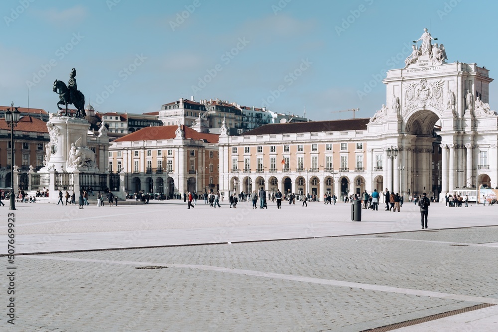 Praca do Comercio Commerce square and statue of King Jose I in Lisbon Portugal