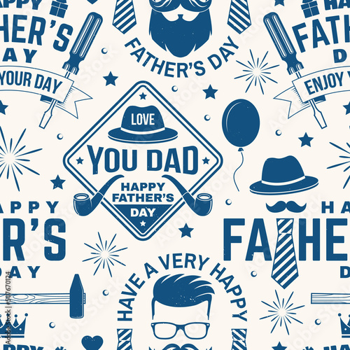 Happy Father's Day seamless pattern. Vector illustration. For Father's Day background with hipster father, crown and ties. Concept for pattern background or wallpaper.