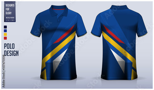 Blue Polo shirt mockup template design for soccer jersey, football kit, golf, tennis, or sport uniform. Fabric pattern design.