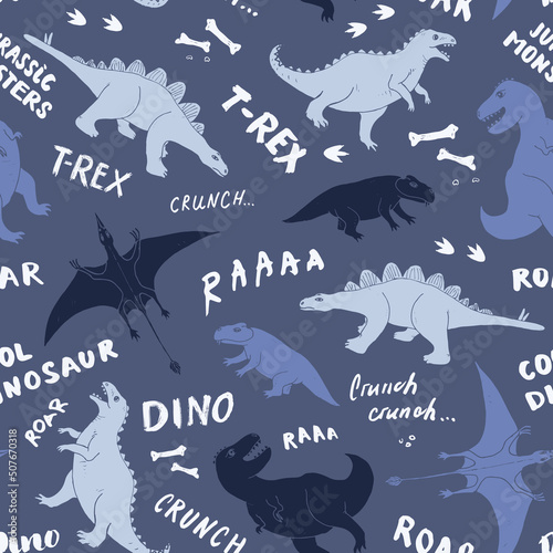 Dino Seamless Pattern  Cute Cartoon Dinosaurs Doodles Vector Illustration