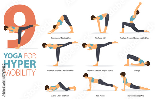 9 Yoga poses or asana posture for workout in hyper mobility concept. Women exercising for body stretching. Fitness infographic. Flat cartoon.