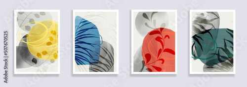 Trendy set of minimalist tropical leaves and abstract forms. Minimal botanical wall art. Mid century modern graphic. Plant art design for social media, blog post, print, cover, wallpaper. Vector