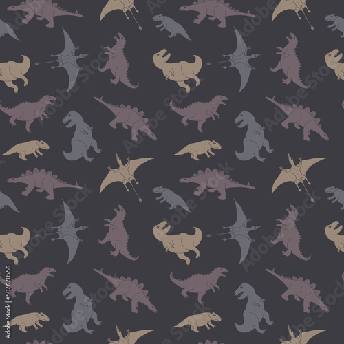 Dino Seamless Pattern, Cute Cartoon Dinosaurs Doodles Vector Illustration