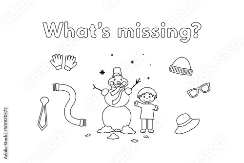 What's Missing learning game for small children - color and find clothes for cold weather. Vector coloring book pages for kids. Learning English language
