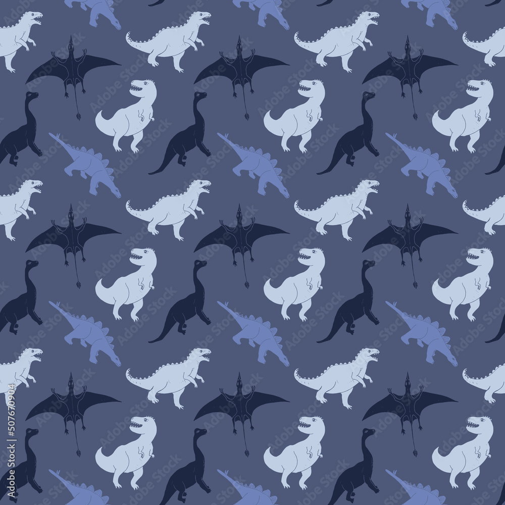 Dino Seamless Pattern, Cute Cartoon Dinosaurs Doodles Vector Illustration