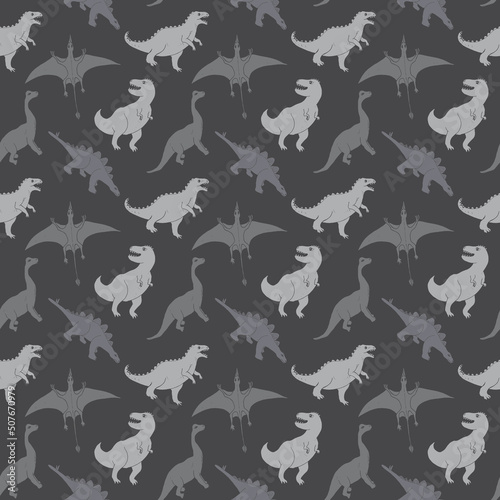 Dino Seamless Pattern, Cute Cartoon Dinosaurs Doodles Vector Illustration