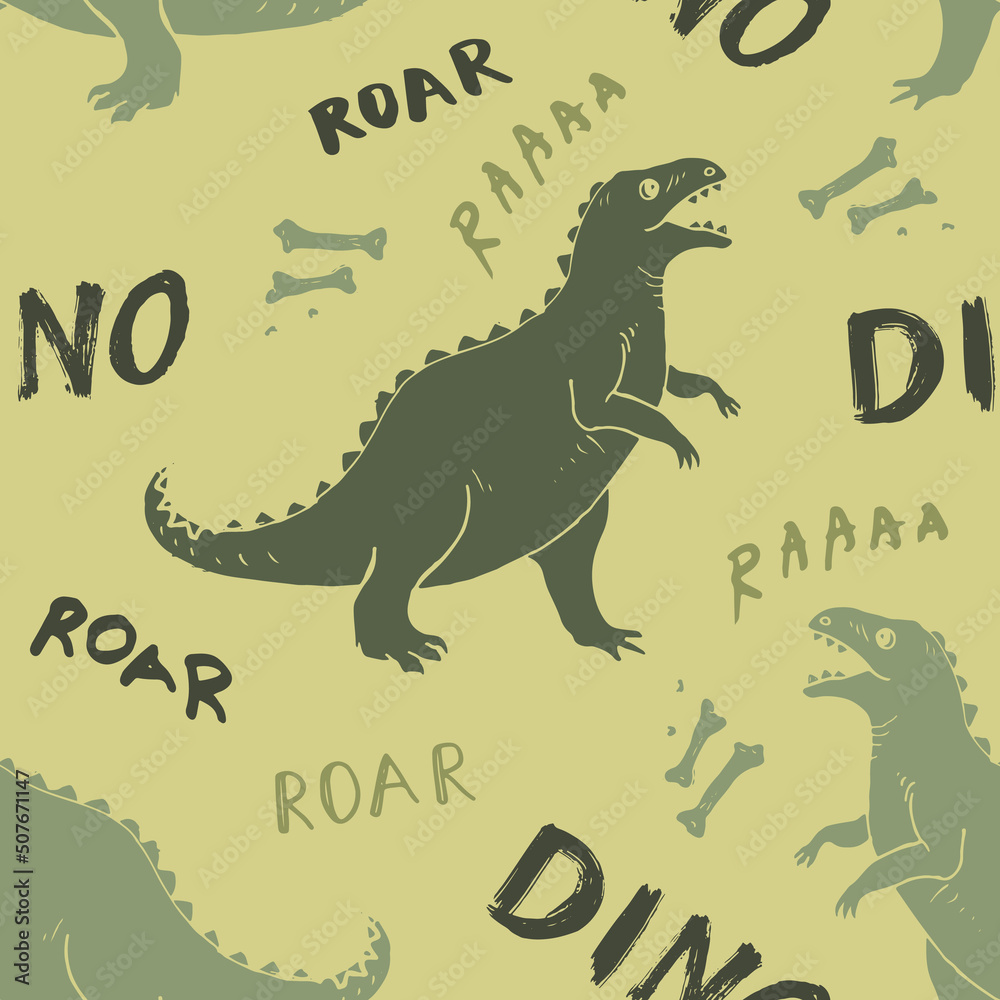 Obraz premium Dino Seamless Pattern, Cute Cartoon Dinosaurs Doodles Vector Illustration
