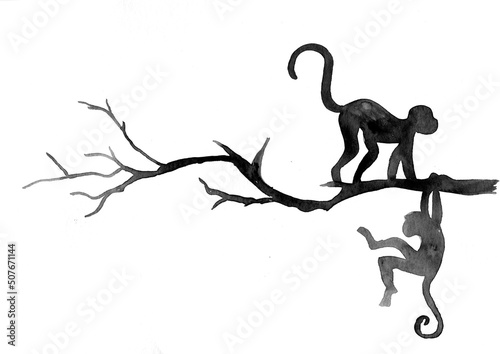 Canvas Print Watercolour Silhouette of Monkeys on a branch