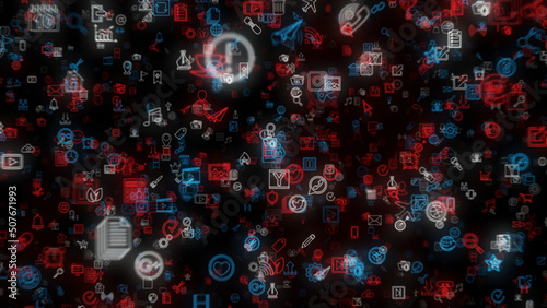 Fotografia Abstract animation of multicolored neon social media network emojis icons appearing on the black background