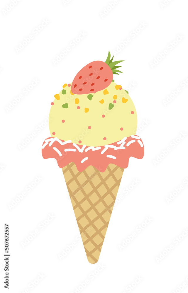 Ice cream. Waffle cone with yellow scoop and fresh strawberry. Cartoon, flat, vector