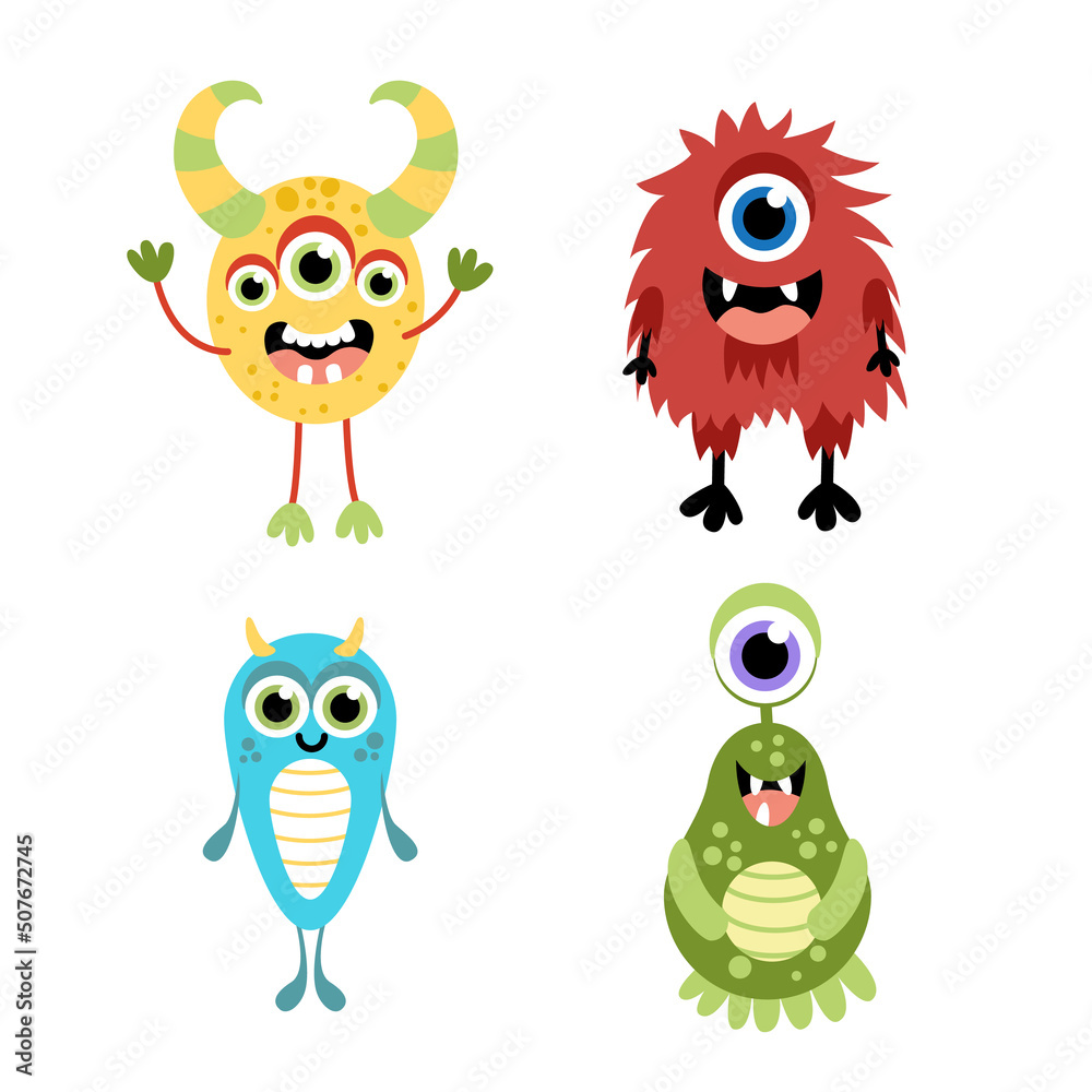 Monsters set. Cute jolly colorful monsters. Flat, cartoon, vector