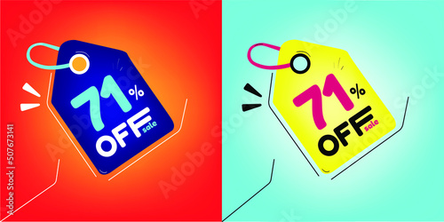 Discount tag for promotion with sale 71% off. Same model with different colors split in half in the background