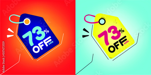 Discount tag for promotion with sale 73% off. Same model with different colors split in half in the background