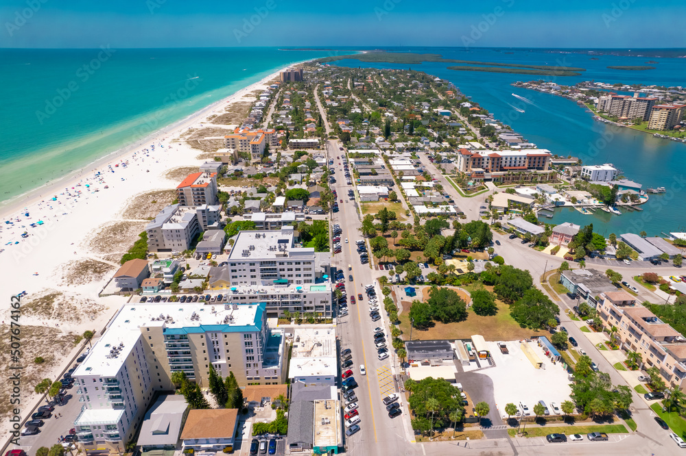Florida Beaches. Panorama of Clearwater Beach FL. Summer vacations. Beautiful View on Hotels and Resorts on Island. Turquoise color of Ocean water. American Coast or shore Gulf of Mexico. Sunny Day.