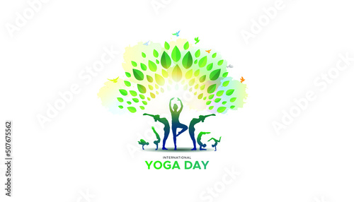 Yoga day greeting card. Group of people practicing yoga. International yoga day background.