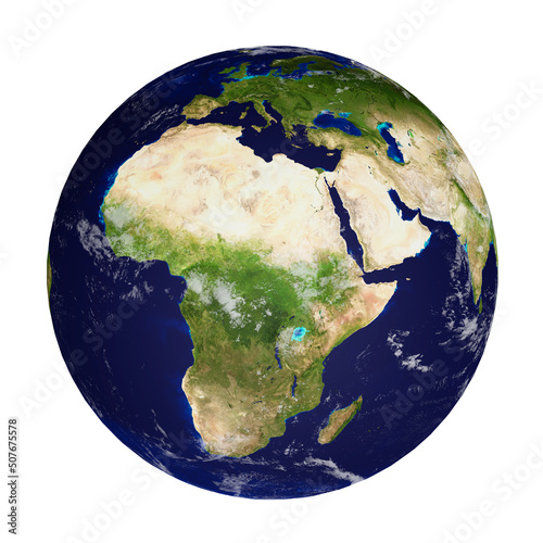 Fototapeta Naklejka Na Ścianę i Meble -  Planet earth with clouds  isolated on white background, Continents of Africa and Europe. Elements of this image furnished by NASA. 3D rendering.