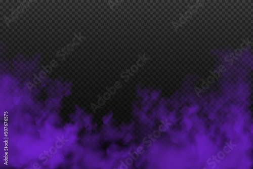 Realistic scary mystical fog in night Halloween. Purple poisonous gas, dust and smoke effect.